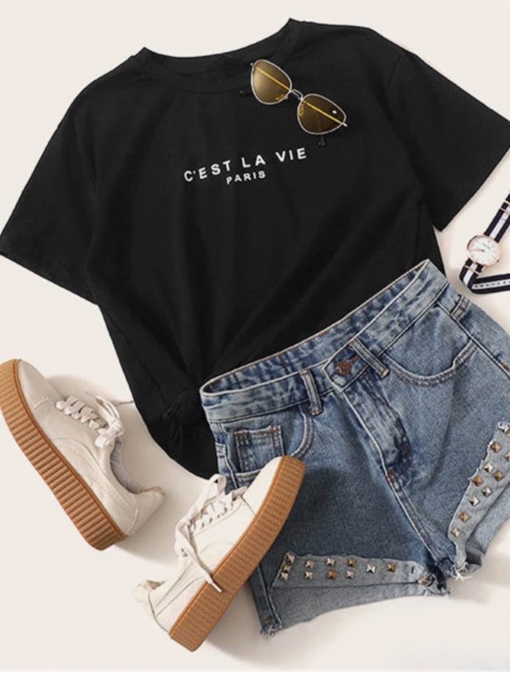 SHEIN LUNE Paris Black Graphic Short Sleeve Tee, C'est La Vie | Sz L